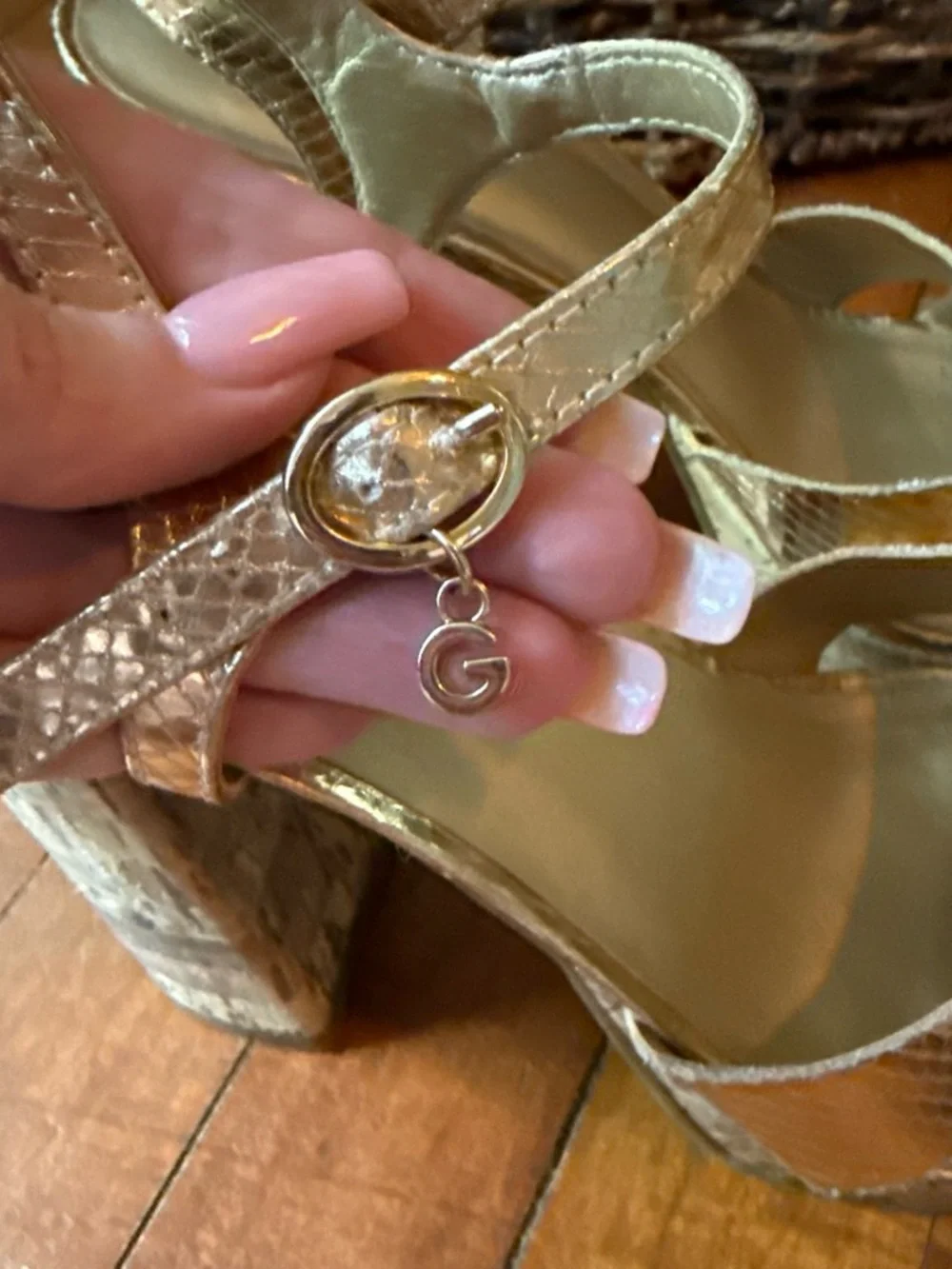 G by Guess Metallic Gold Platform Block Heel Sandals